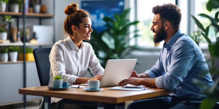 Ambiente de escritório com consultor financeiro e cliente.